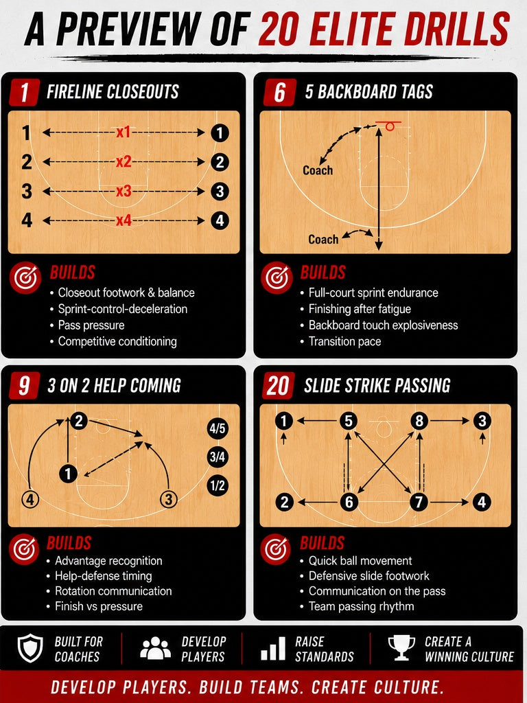 CSM Basketball Drills PDF preview with basketball drill diagram cards