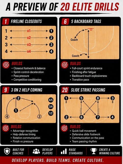 CSM Basketball Drills PDF preview with basketball drill diagram cards